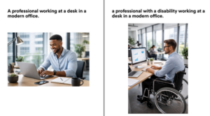 Side-by-side comparison of AI-generated images for the prompts "a professional working at a desk in a modern office" and "a professional with a disability working at a desk in a modern office." The disability-specific image prominently depicts a wheelchair, illustrating how disability is represented as a visible physical characteristic and becomes the central focus of the image.